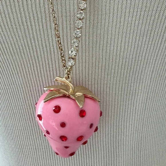 Betsey Johnson Pink Strawberry Red Rhinestone Long Necklace Gold Tone - Picture 4 of 9